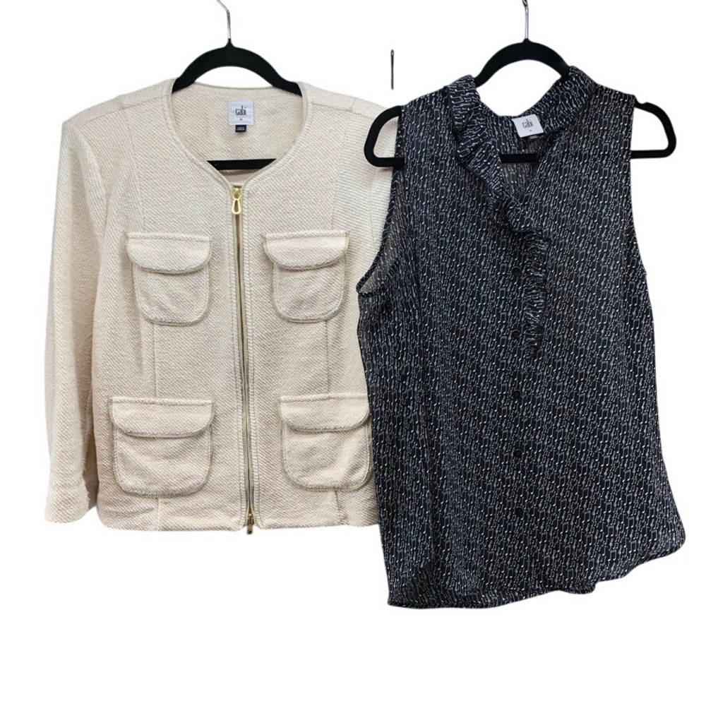 Cabi Jacket Top Set Womens Medium Cream Black Tweed Music Note Ruffle Zip